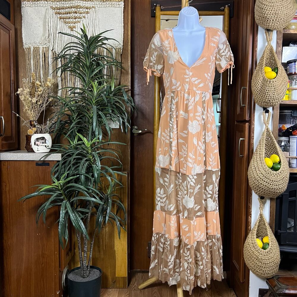 For Love & Lemons Mia Maxi Dress XS Peach Floral Embroidered Sheer Boho Wedding